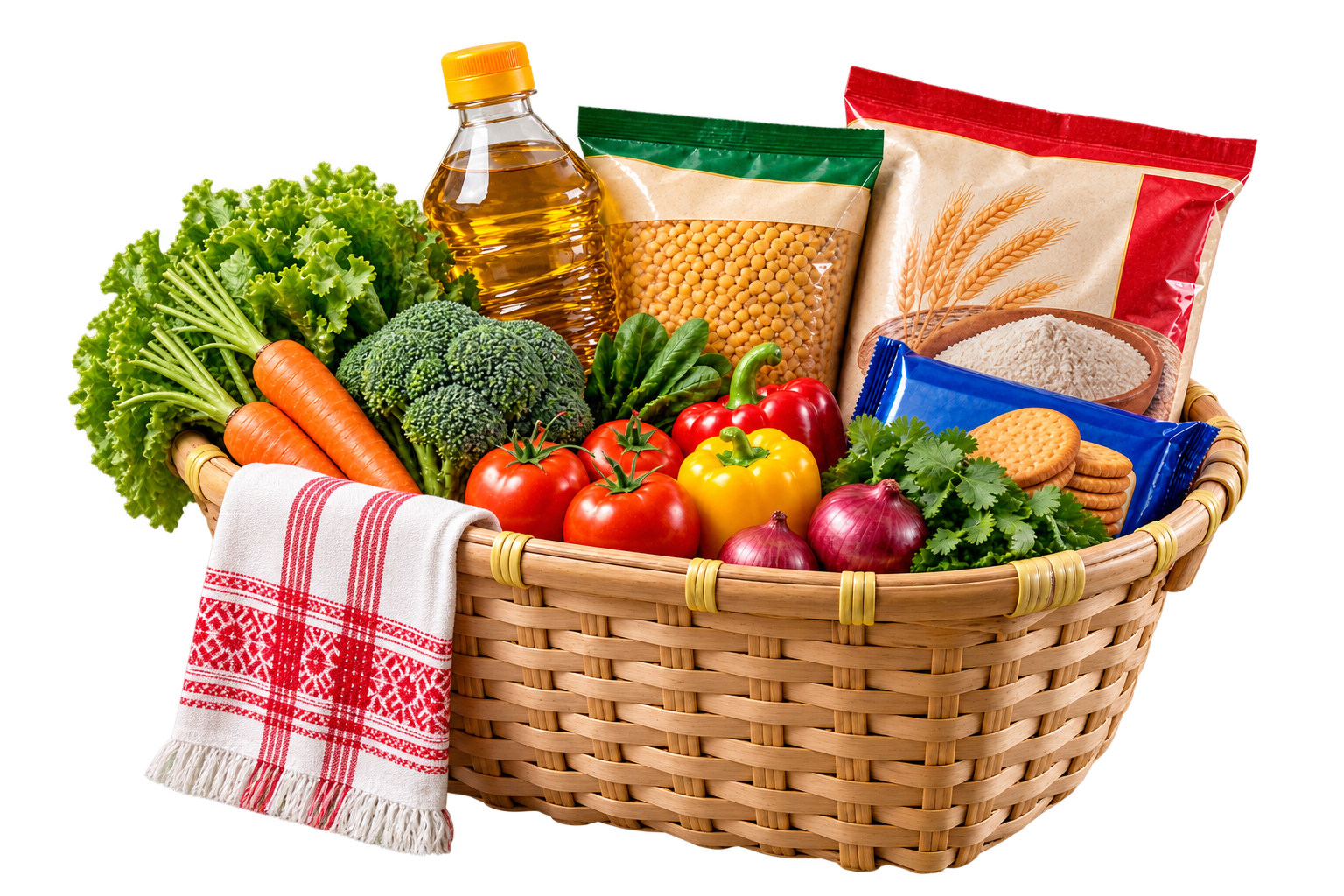 Bamboo basket filled with fresh vegetables and everyday groceries